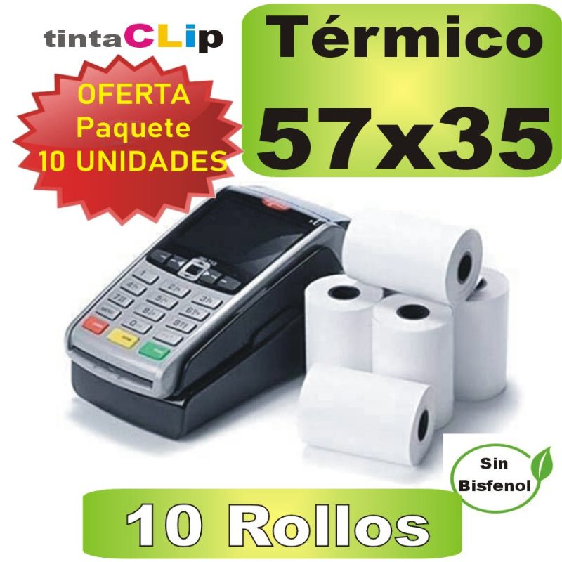 Rollo Papel Térmico 57x35x12mm,PTE.10 uds. DATÁFONO  Libre de BPA, FSC