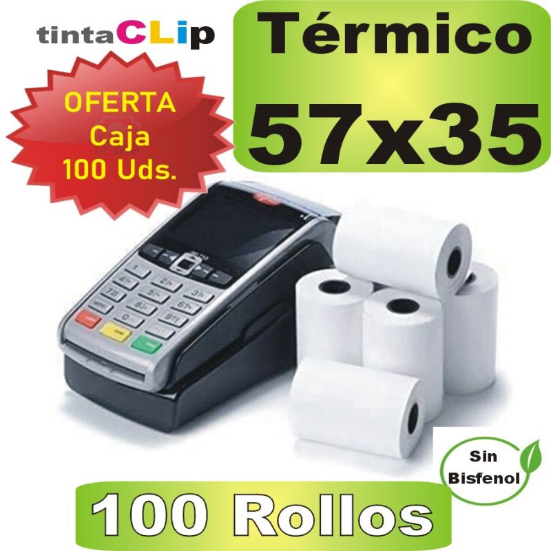 Rollo Papel Térmico 57x35x12mm,CAJA 100 uds. DATÁFONO  Libre de BPA, FSC