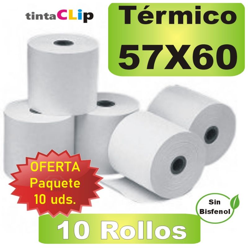 Rollo Papel Térmico 57x60x12mm,PTE.10 uds.  Libre de BPA, FSC