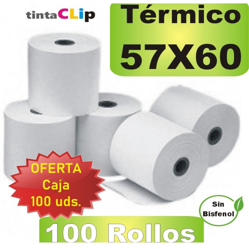 Rollo Papel Térmico 57x60x12mm,CAJA 100 uds.  Libre de BPA, FSC