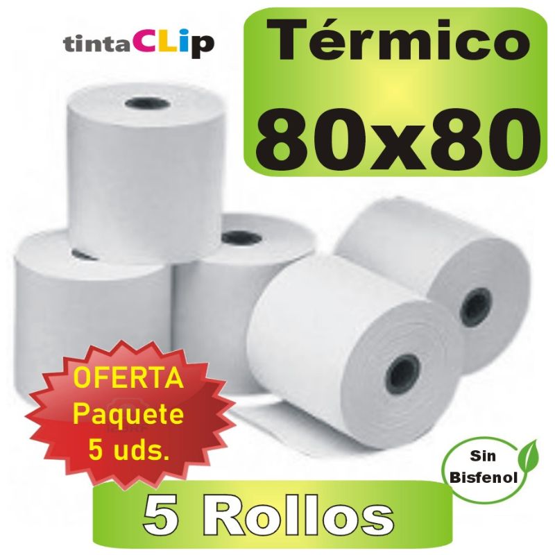 Rollo Papel Térmico 80x80x12mm,PTE.5 uds.  Libre de BPA, FSC