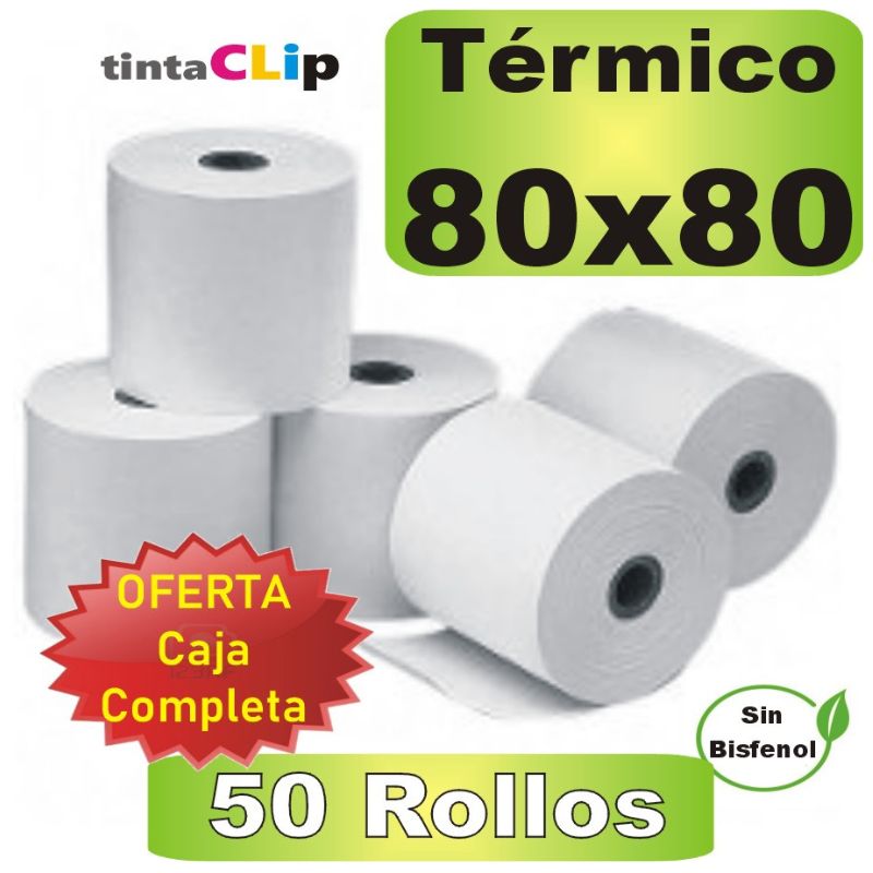 Rollo Papel Térmico 80x80x12mm,CAJA 50 uds.  Libre de BPA, FSC