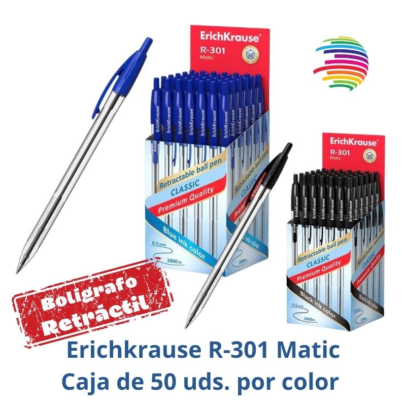 ErichKrause R-301 Matic Ballpoint Pen - Box of 50 - Retractable Ballpoint Pen, 1.0mm Ballpoint Pen - Quick-Drying Ink - Transparent Body - Color of Your Choice