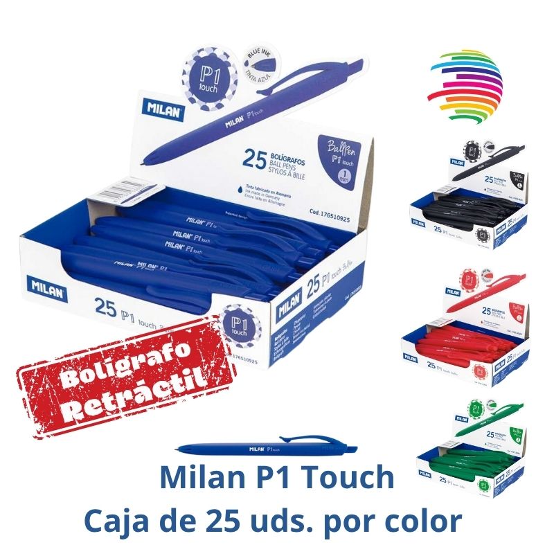 Milan P1 Touch Ballpoint Pen - Box of 25 - Retractable Ball - 1mm Round Tip - Oil-Based Ink - Smooth Writing - 1,200m Writing Range - Color of your choice