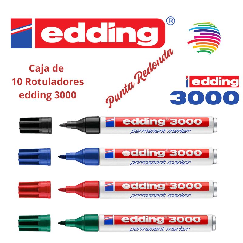 Edding 3000 Marker - Box of 10 - Permanent - 1.5mm Round Tip - Line Size 1.5-3mm - Refillable - Quick Drying - Choice of Colour