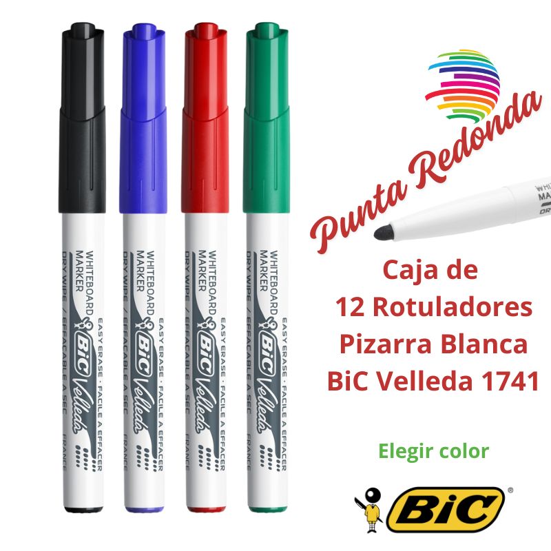 Bic Velleda 1741 Whiteboard Marker - Box of 12 - Round Tip - 1.2mm Stroke - Acetone-Based Ink - Optimal Erasability - Long-Lasting - Color of Your Choice